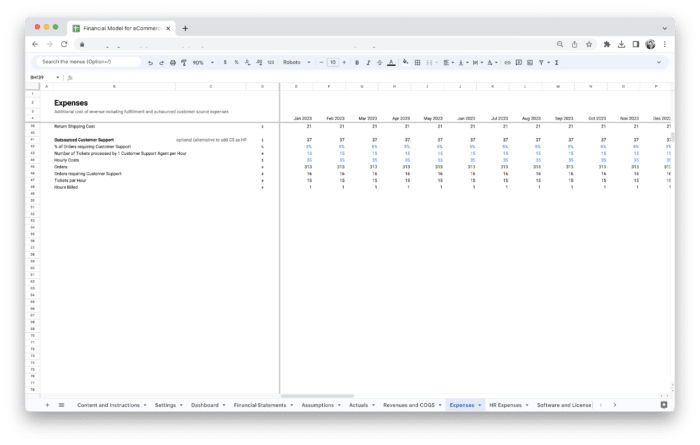 E-Commerce Financial Model Template - Expenses