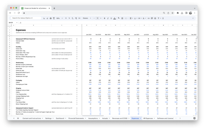 E-Commerce Financial Model Template - Expenses