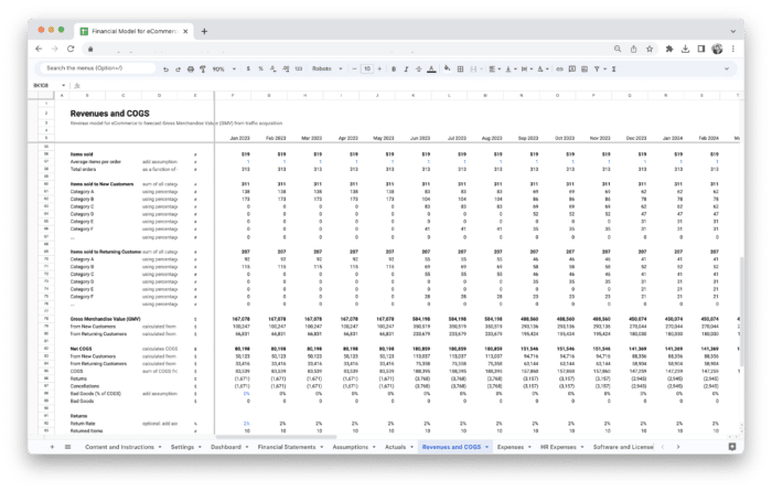 E-Commerce Financial Model Template - Revenue and COGS (Cost of Goods Sold)