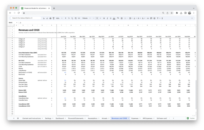 E-Commerce Financial Model Template - Revenue and COGS (Cost of Goods Sold)