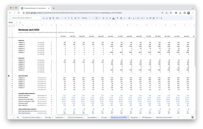 E-Commerce Financial Model Template - Revenue and COGS (Cost of Goods Sold)