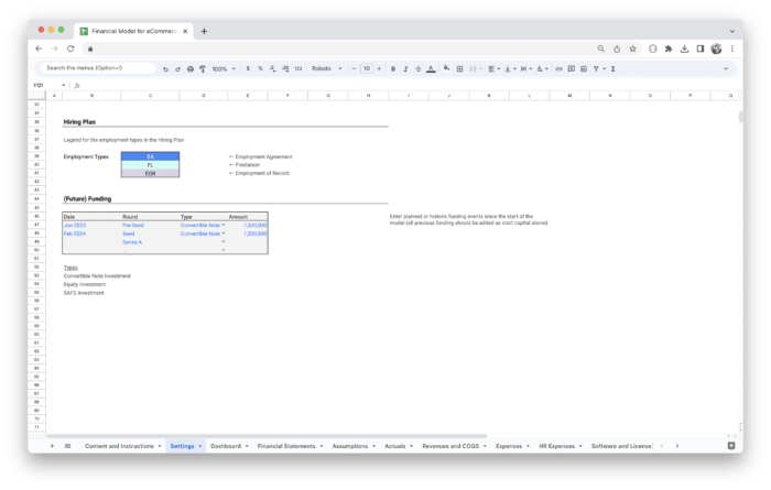 E-Commerce Financial Model Template - Settings