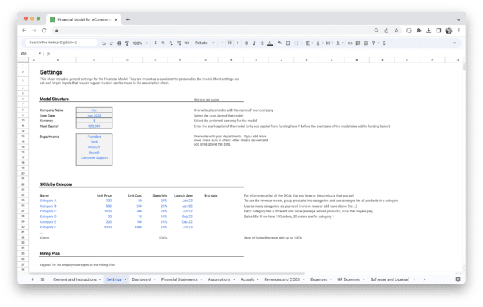 E-Commerce Financial Model Template - Settings