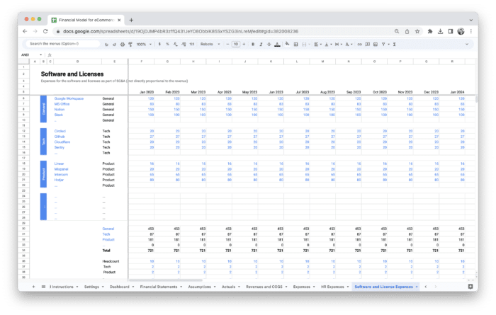 E-Commerce Financial Model Template - Software and Licenses