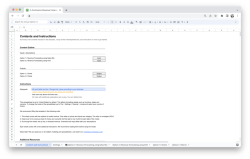 E-Commerce Revenue Forecasting Tool Template - Contents and Instructions