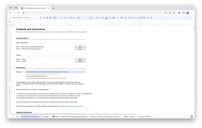 E-Commerce Revenue Forecasting Tool Template - Contents and Instructions