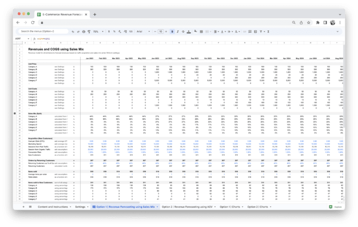 E-Commerce Revenue Forecasting Tool Template - Revenue Forecasting using Sales Mix