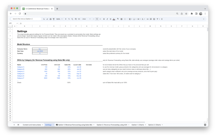 E-Commerce Revenue Forecasting Tool Template - Settings